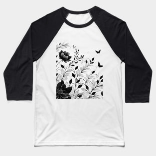 Simple black and white flower botanical pattern Baseball T-Shirt